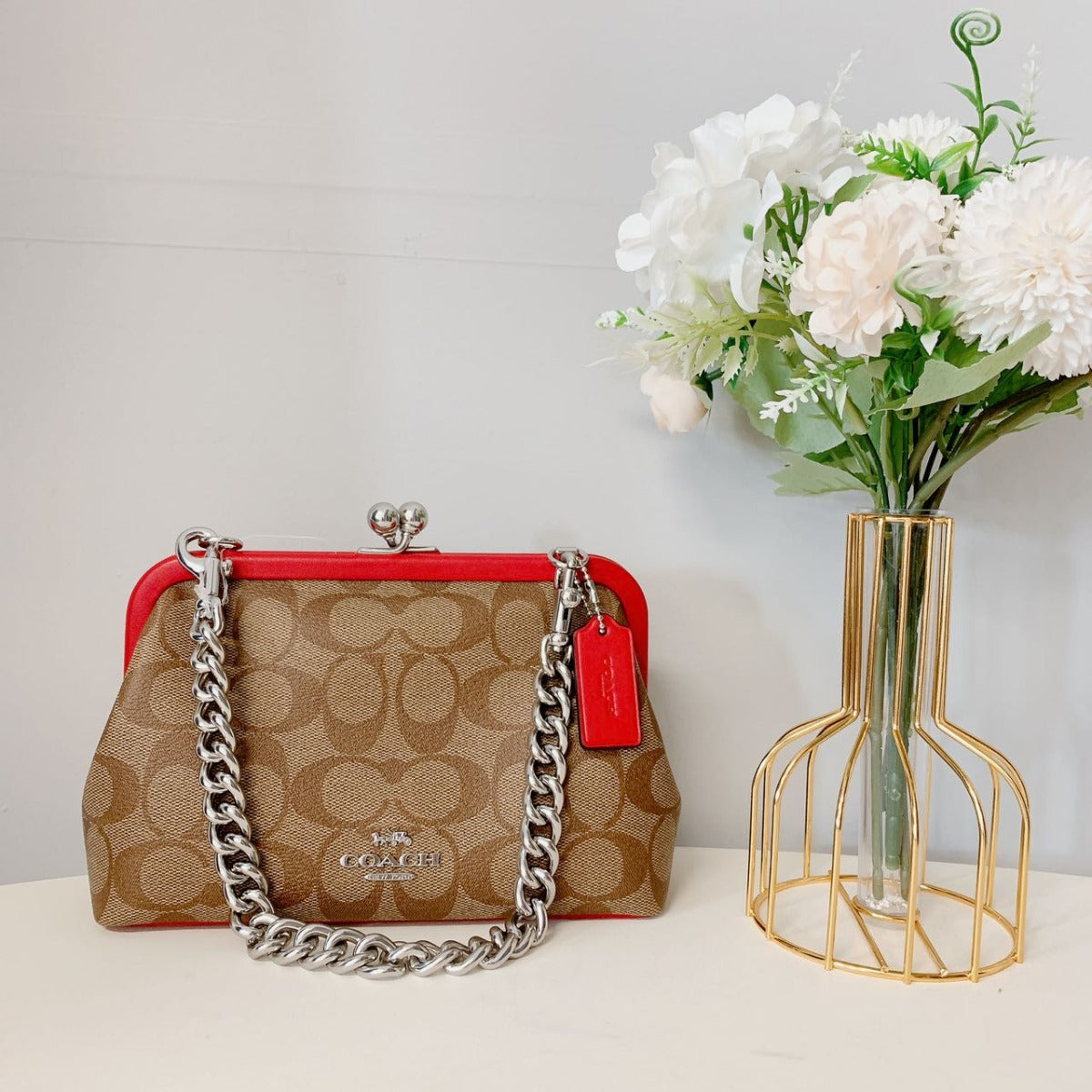 Coach CH512 Nora Kisslock Crossbody In Signature Canvas IN Khaki Electric Red Coach CH512 Nora Kisslock Crossbody In Signature Canvas IN Khaki Electric Red